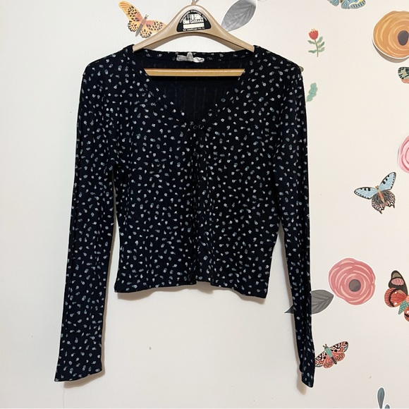 Pink Rose Tops - Pink Rose Black Floral Pointelle Button Down Shirt L